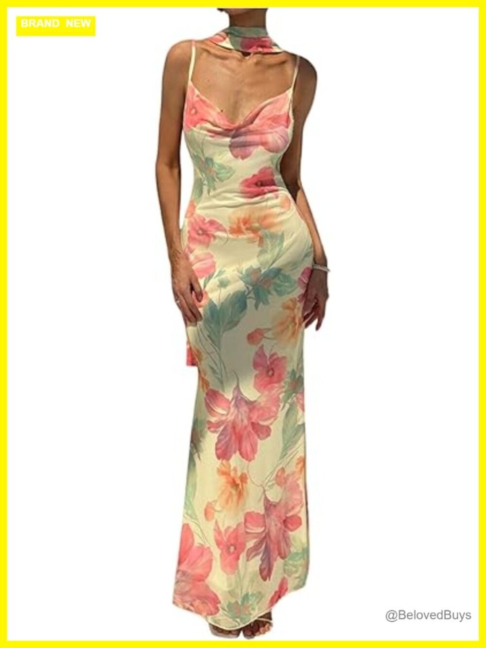 Cowl Neck Backless Floral Maxi Dress with Scarf